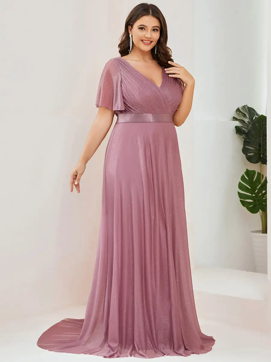 Plus Size Evening Dresses Deep V Neck Ruffles Sleeve Floor length 2025 Ever Pretty of A Line Orchid Bridesmaid dress