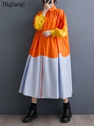 Oversized Spring Long Shirts Dress Women Lantern Long Sleeve Patchwork Fashion Casual Ladies Dresses Ruffle Pleated Woman Dress