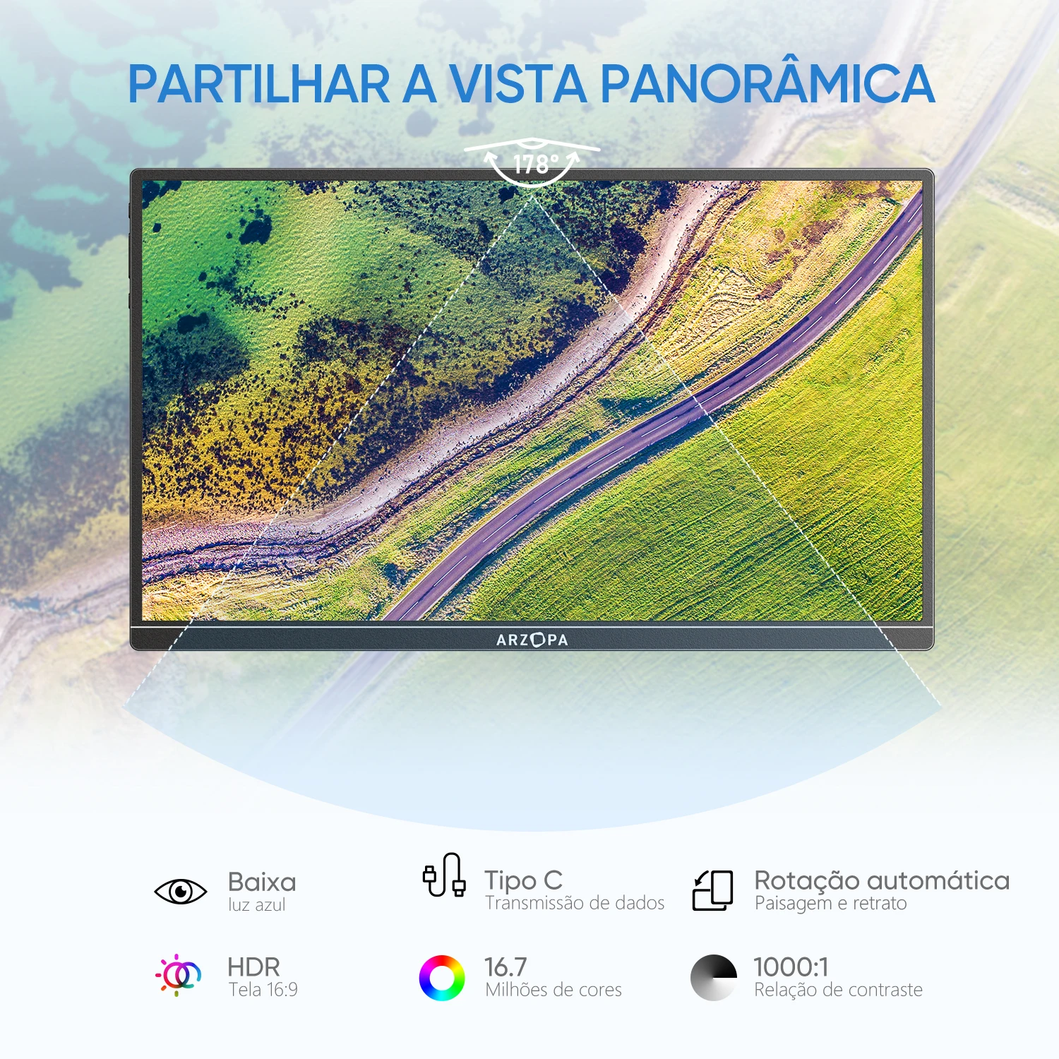 Monitor portátil ARZOPA 14,0 ''1080P FHD IPS com segunda tela externa USB C HDMI para Mac, laptop, PC, switch, PS, Xbox, A1S