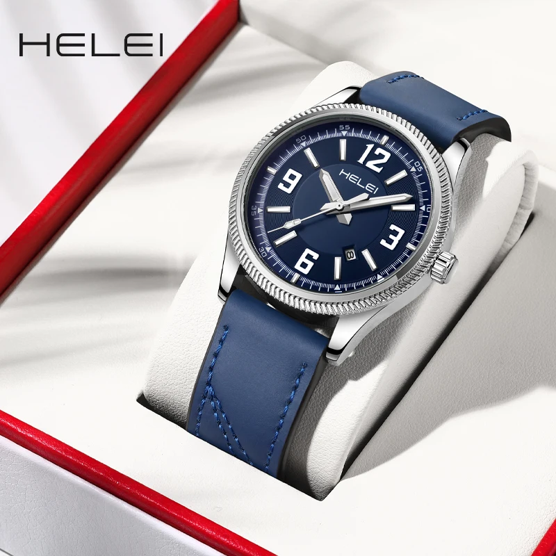 HELEI Fashion new sports casual quartz watch date genuine leather luminous strap men's wristwatch