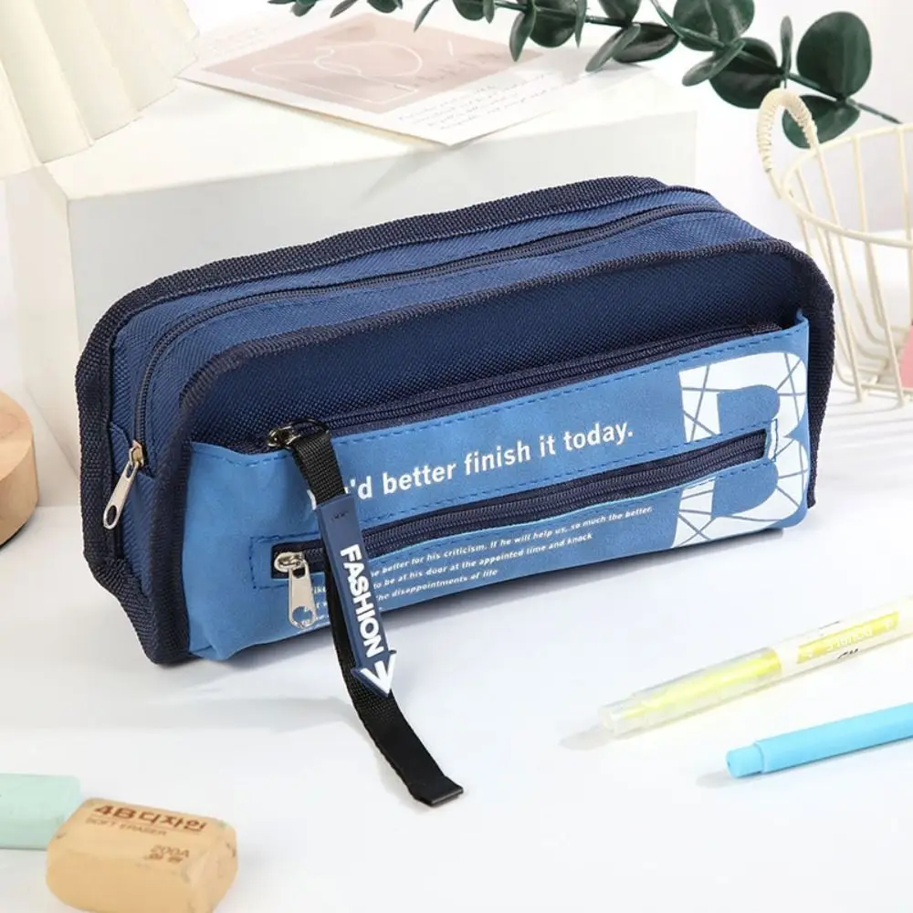 Bolsa de papelaria para meninos com zíper duplo, bolsa de armazenamento de grande capacidade, multicamadas, lona, armazenamento de mesa, desenho animado, bolsa de lápis