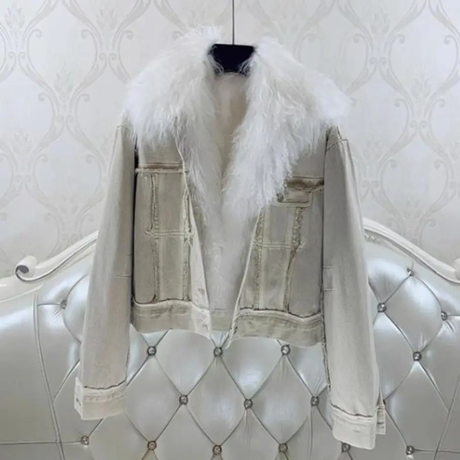 

Mongolia Sheep Fur Collar Denim Jacket Winter 2023 Thick Real Rabbit Fur Liner Short Parka Cotton Coat Women Real Fur Coat Y4247