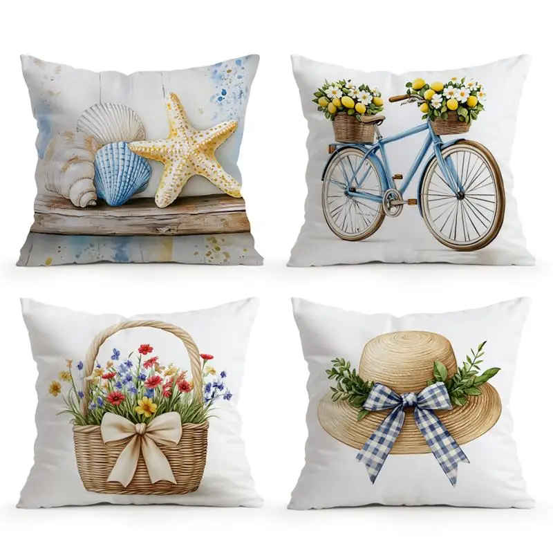 Home Decor Seashells, Bicycle & Floral Pattern Pillows Pattern Cushion Cover Suitable for Sofa Bedroom Car Pillow Cover