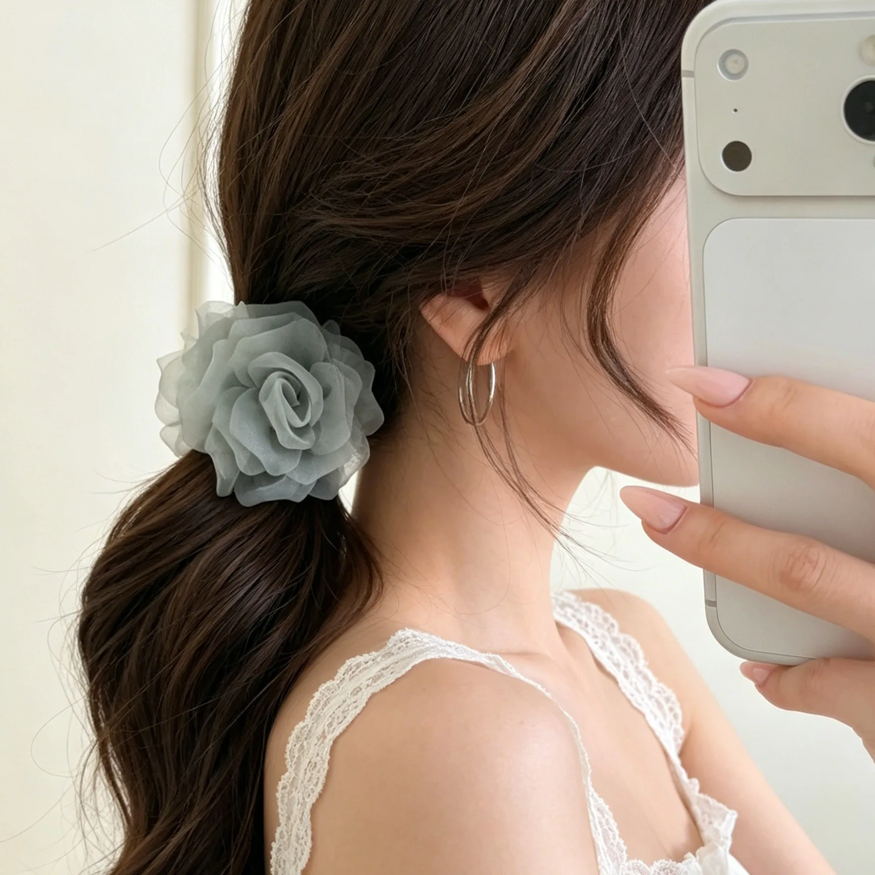 Ethereal Tulle Camellia Flower Hair Clip with Shark-Tooth Clasp: Beachy Vacation-Style Hair Accessory for Half-Up Hairstyles