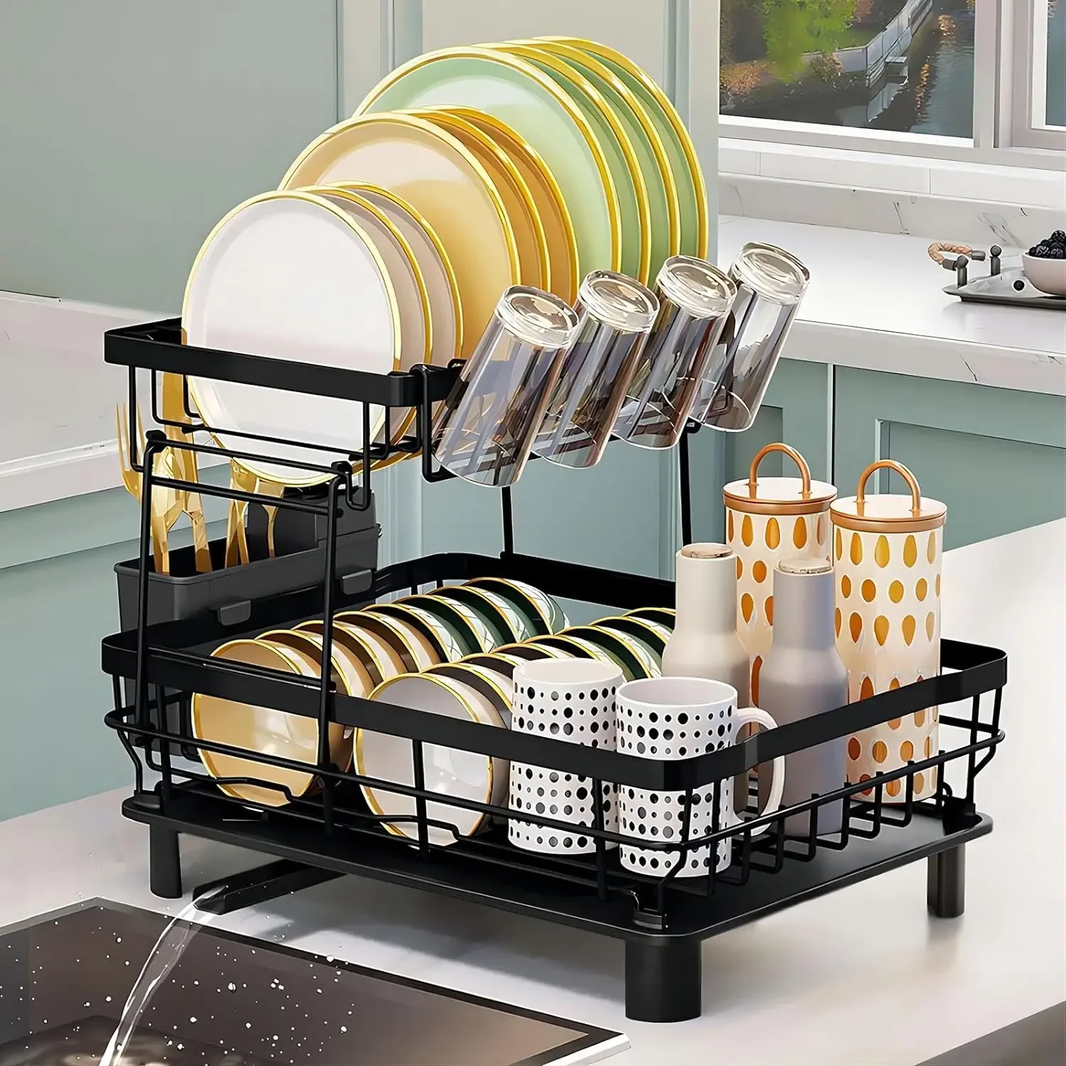 2‑Tier Corrosion‑Resistant Metal Dish Drying Rack with Pivot Drain Spout, Countertop Kitchen Organizer with Knife, Cup & Utensil Storage, Dorm‑Ready Kitchen Accessory