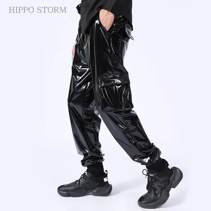 Black Shiny PU Leather Workwear Pants Hip-hop Dance Trendy Men's Casual Trousers Leggings Party Nightclub Singer Stage Costumes