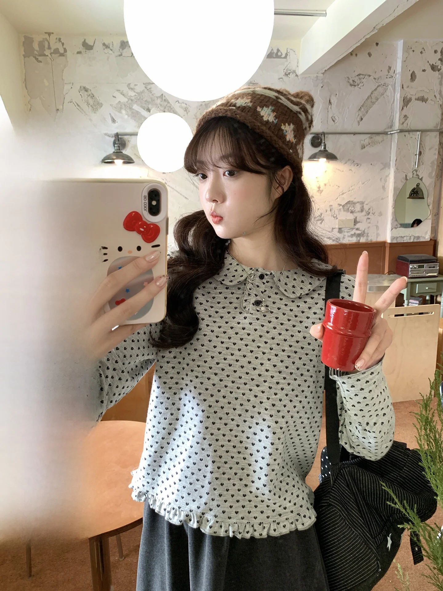 

Holli Korean Sle Slim Fit Heart Lace Trim Base irt Winter New Arrival Long Sve Doll Collar Top for Women