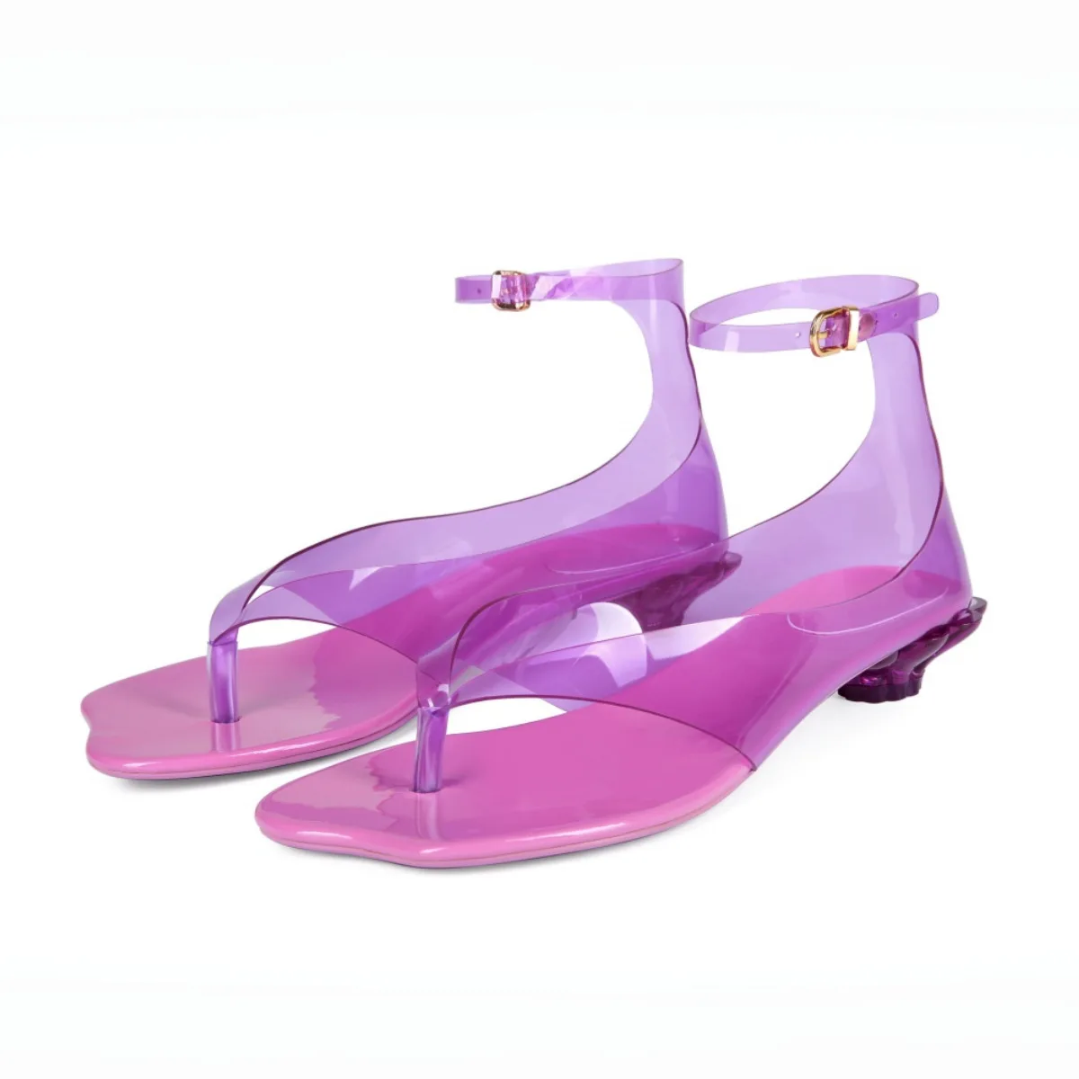 2026 Summer Women's Thong Jelly Sandals New Clear PVC Sandals ,Ankle Buckle Strap Low Heel Sandals,Summer Beach Casual Footwear