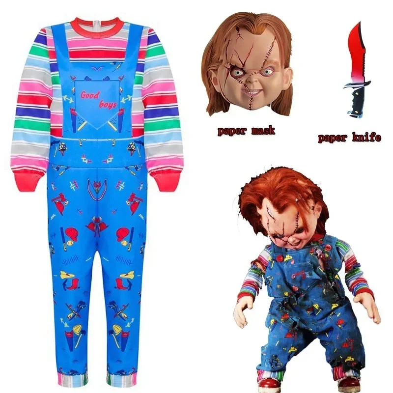 Chucky Costume di Halloween per bambini e bambini, bambino gioca bambino Chucky Costume tatuaggio adesivo Halloween Horror costumi Cospaly