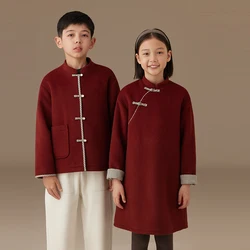 Female Child Clothes Fashion Girls Dresses Birthday 2024 Winter New Year Dress Children's Chinese Style Red Wool Dress Winter