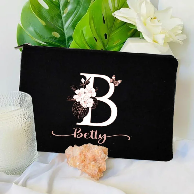 Bolsa de maquillaje con letras y nombres personalizados, organizador Floral de almacenamiento de cosméticos para profesores, bolsa lateral de lona para artículos de tocador de viaje para dama de honor