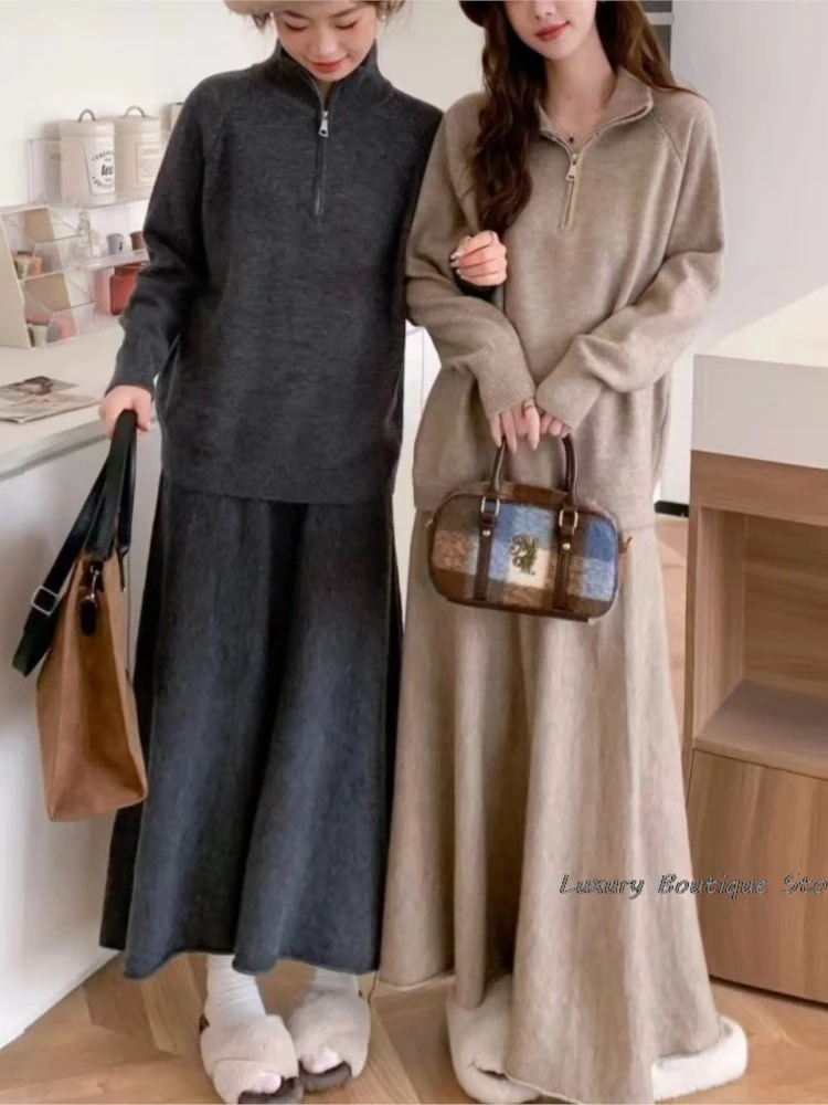 

Half High Neck Winter Sweater And A-line Long Skirts Women Suit Zipper Knit Pullover Loose Skirt Chic 2 Piece Sets Women Outfit