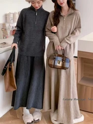 Half High Neck Winter Sweater And A-line Long Skirts Women Suit Zipper Knit Pullover Loose Skirt Chic 2 Piece Sets Women Outfit