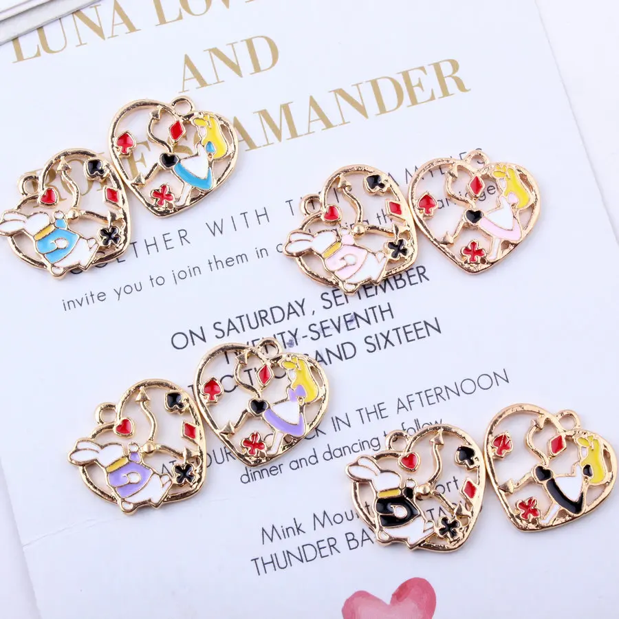 10pcs 16*26mm Diy Enamel Heart Alice In Wonderland Rabbit Charms Kc Gold Alloy Small Bracelet Pendant Korean Jewelry Accessories