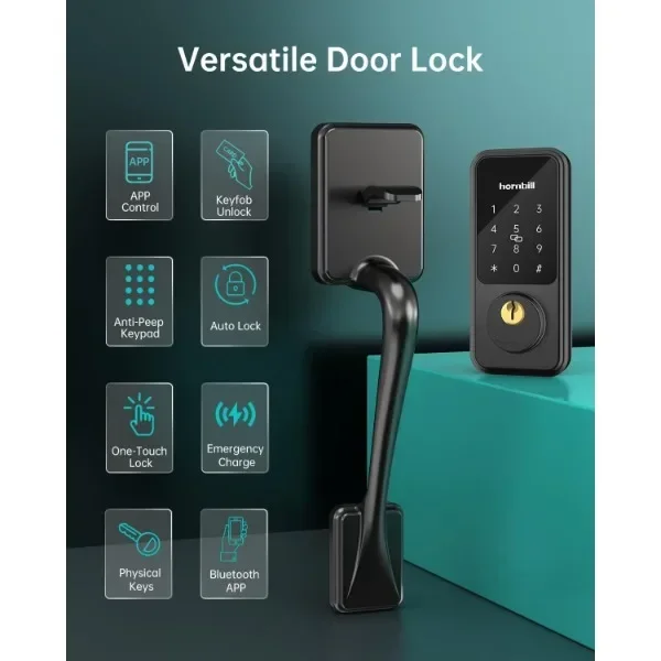 Keyless Entry Door Lock with Handle, Hornbill Smart Front Door Lock Set, Electronic Keypad Deadbolt Lock, Alexa Front