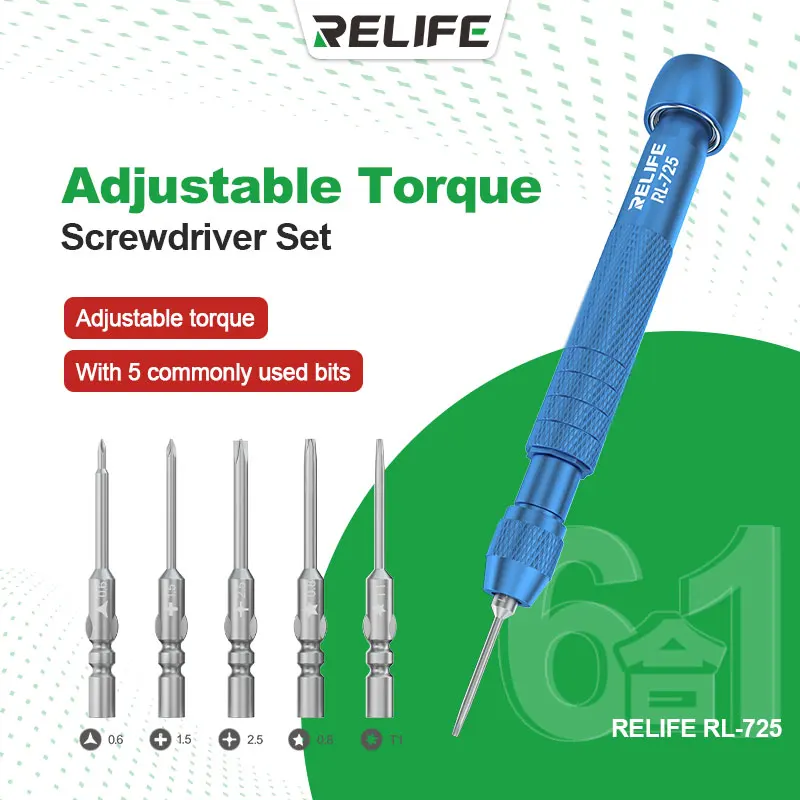 

RELIFE RL-725 Adjustable Torque Screwdriver Set 6 in 1 Disassembly and Repair Phone Opening Tool Screwdriver Set