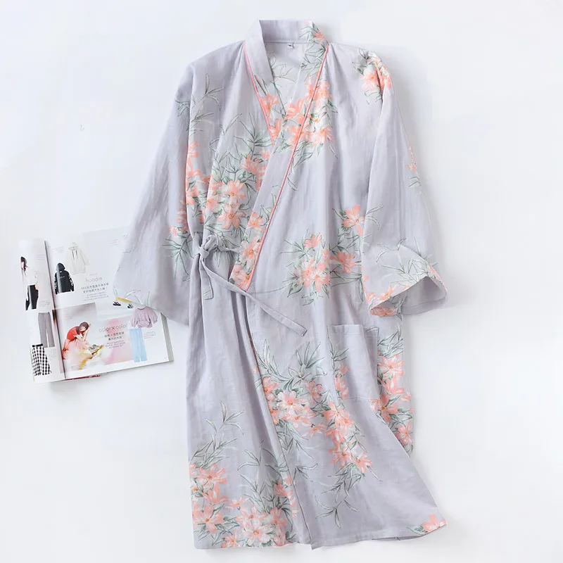 Spring New Rich Flower Robe Women\'s Cotton Robe Double Gauze Sleepwear Summer Thin Dressing Gown Japanese Loose Kimono Mujer