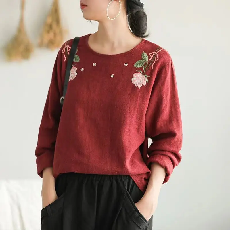 

plus Size Women's Cotton Linen Long Sve T-irt round Ne Embroidered Base irt Spring Summer New Sle Commute Artistic