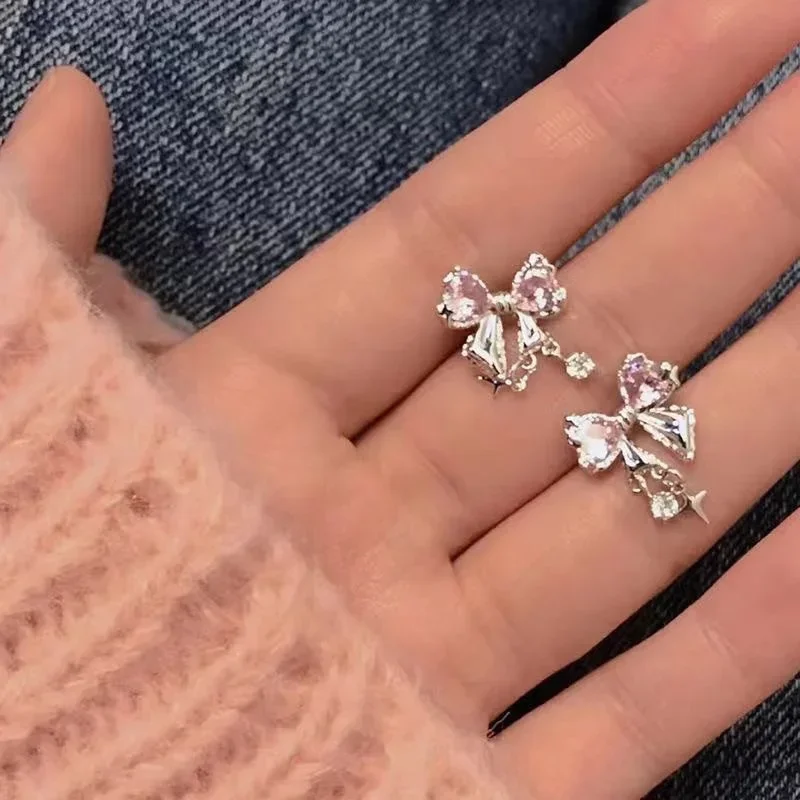 Y2K Bowknot Zircon Stud Earrings for Women Fashion Korean Silver Color Pink Crystal Personality Earring Girl Party Jewelry Gifts