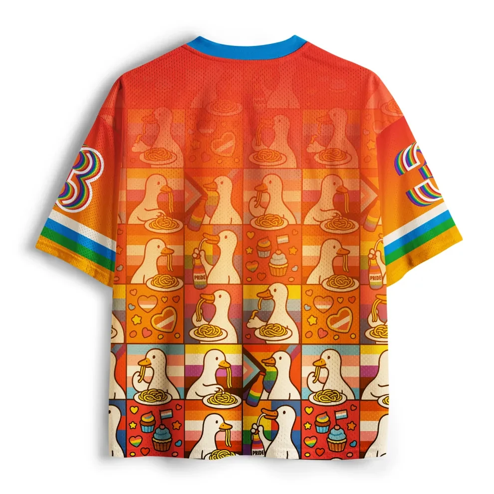 Proud Rainbow Cartoon Duck Pasta Mesh V-neck Baseball Style Short Sleeve Large Loose Y2K Fashion Street T-shirt