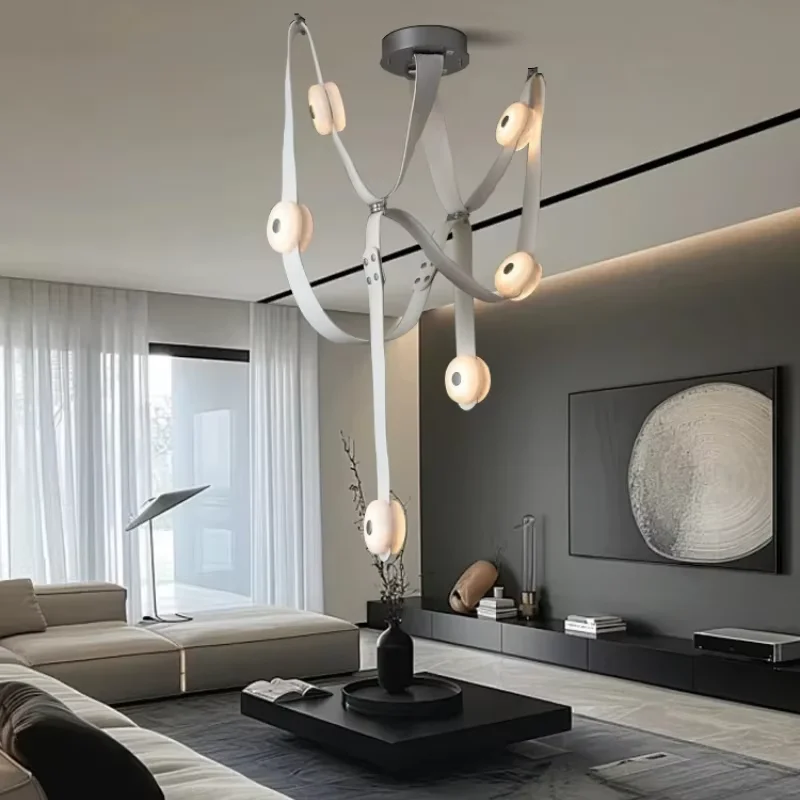 

Creative Brown Belt Ceiling Chandelier Modern Leather Marble Ceiling Lamp Living Room Home Luxury LED Adjustable Hanging Lamp
