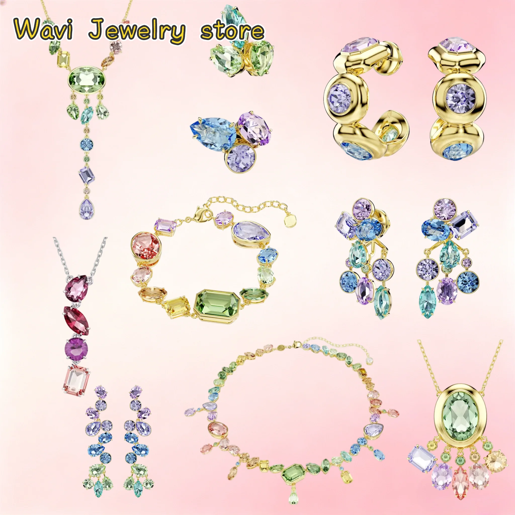 Best selling earrings  necklaces exquisite jewelry set, shiny colorful crystal earrings and bracelet accessories, romantic gift