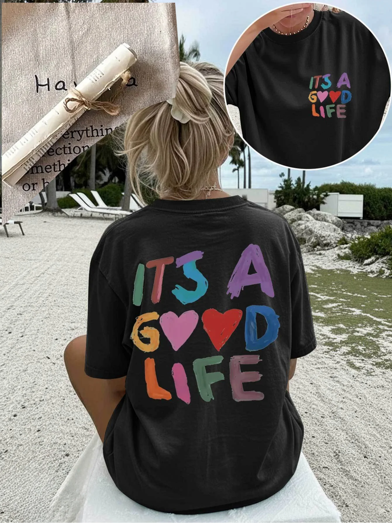 [Front and Back Images] Summer Casual Women's Top Hand-drawn Style Heart and 