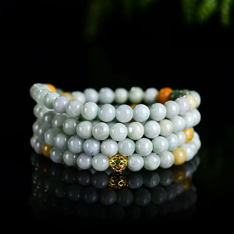 Natural Burmese A-grade 7mm Jadeite Beaded Necklace Glutinous Ice Jade Handcrafted Braided Chain Women's Triple Circle Bracelet