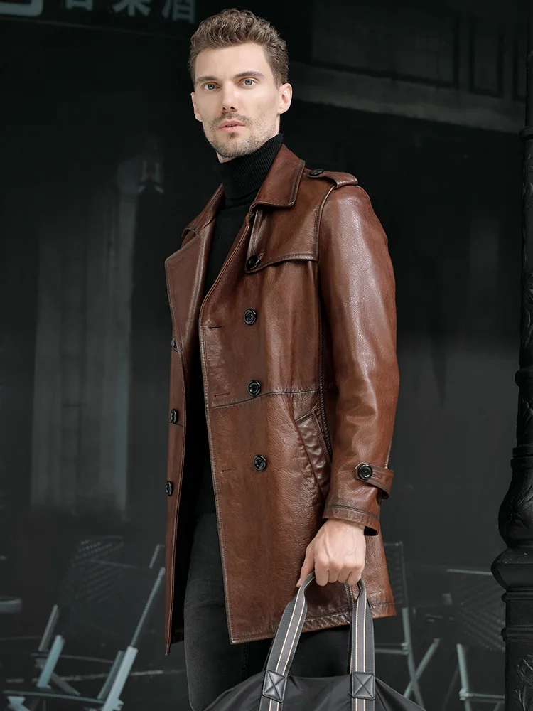 Oil Wax Brown Sheepskin Long Premium Coat Men's Autumn and Winter New Double Breasted Genuine Leather Windbreaker Jacket Men 6XL