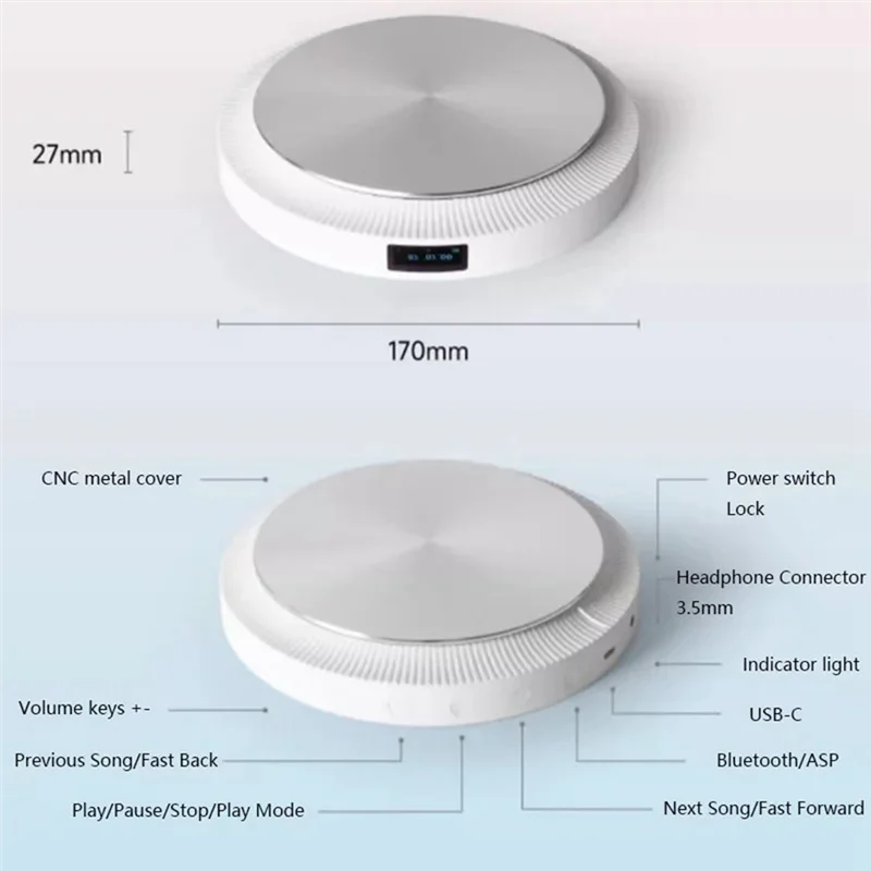 A92Z Tragbarer CD-Player, kabellos, Bluetooth, integrierter ASP, stoßfest, HiFi Walkman HD, verlustfreier Stereo-Plattenspieler