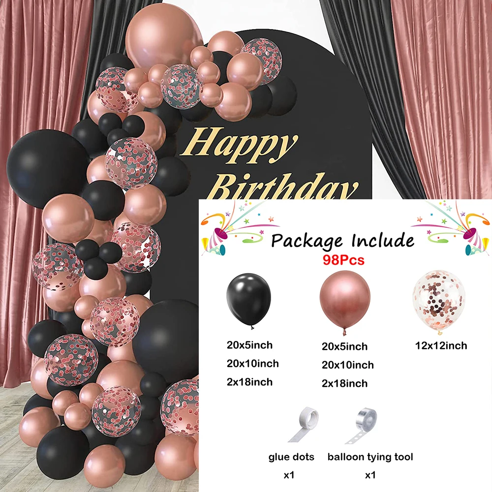 98Pcs Black Ballon Garland Arch Kit Metallic Rose Gold Confetti Latex Balloon Wedding Birthday Party Bridal Baby Shower Decor