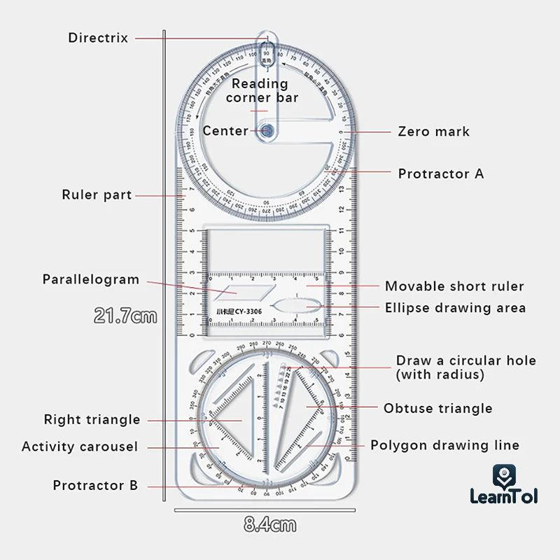 Ruler For School Multifunctional Primary School Drawing Geometric Ruler Triangle Ruler Compass Protractor Measuring Tool