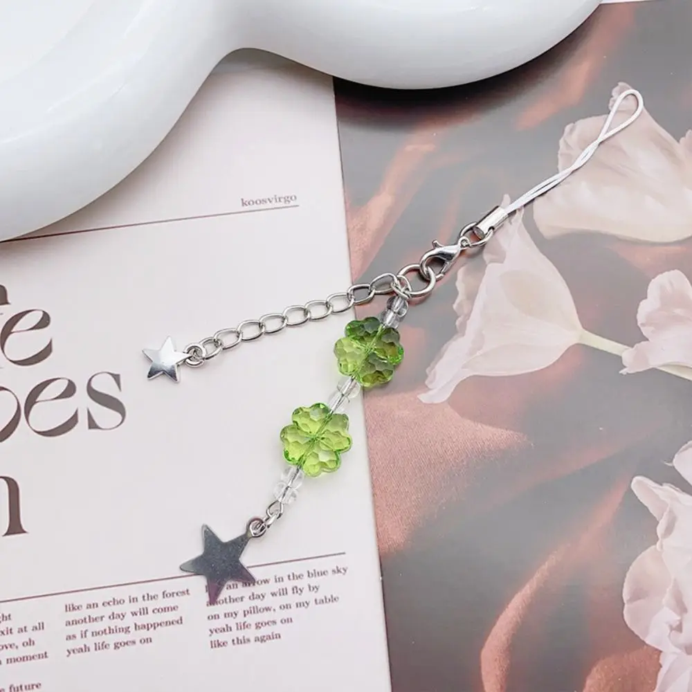 

Summer Lucky Grass Phone Charms Green Five-pointed Star Four-leaf Clover Beaded Keychain Refreshing Y2k Grass Keychain Women