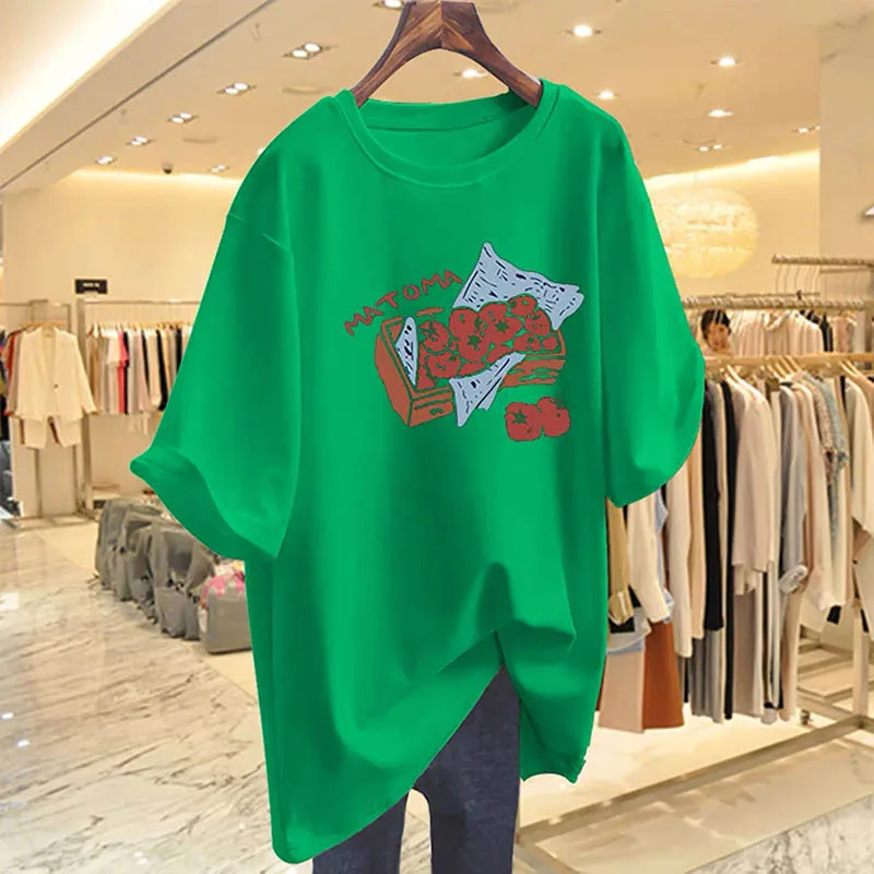 Verano 2025, nueva moda, camisetas con estampado de tomate pintadas a mano, ropa de mujer, Top informal holgado de algodón puro, camisetas elegantes de manga corta