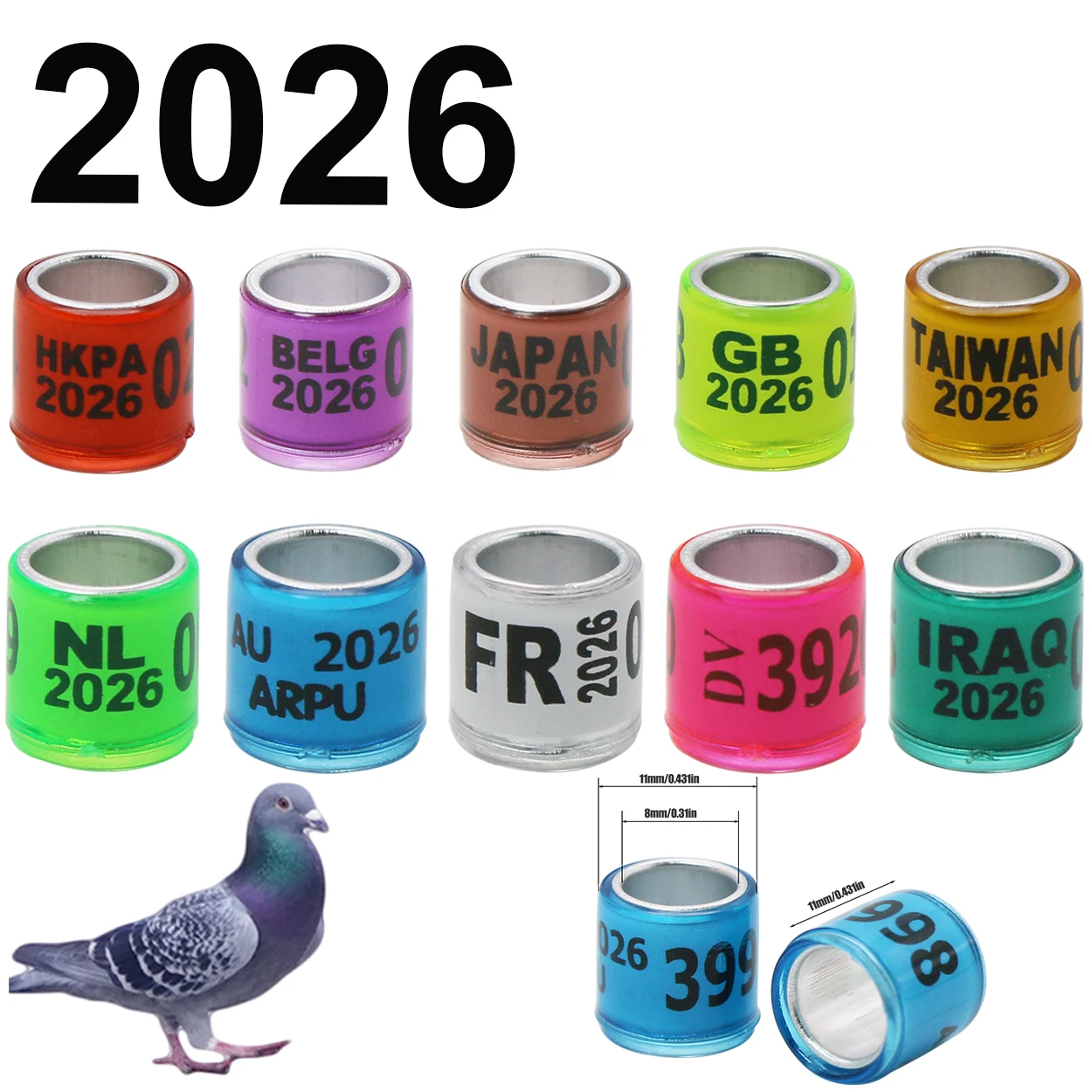 Anillo de pie de Paloma de plástico de aluminio, 100 unidades, 2025/2026, con letras numéricas, anillos de signo de pata de pájaro, identificación de carrera voladora, peregras circulares