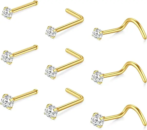 Wholesale 100pcs/Lot  CZ Gold Nose Stud Bone Pin L Screw Shapes Surgical Steel Nose Studs Nose Piercing Body Piercing Jewelry