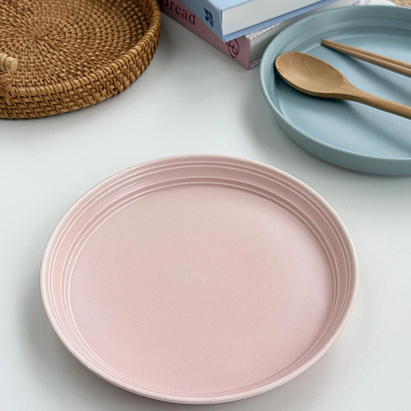 Matte Stripe Embossed Tableware Korean Solid Colour Breakfast Soup Bowl Household Round Vegetable Dessert Plate