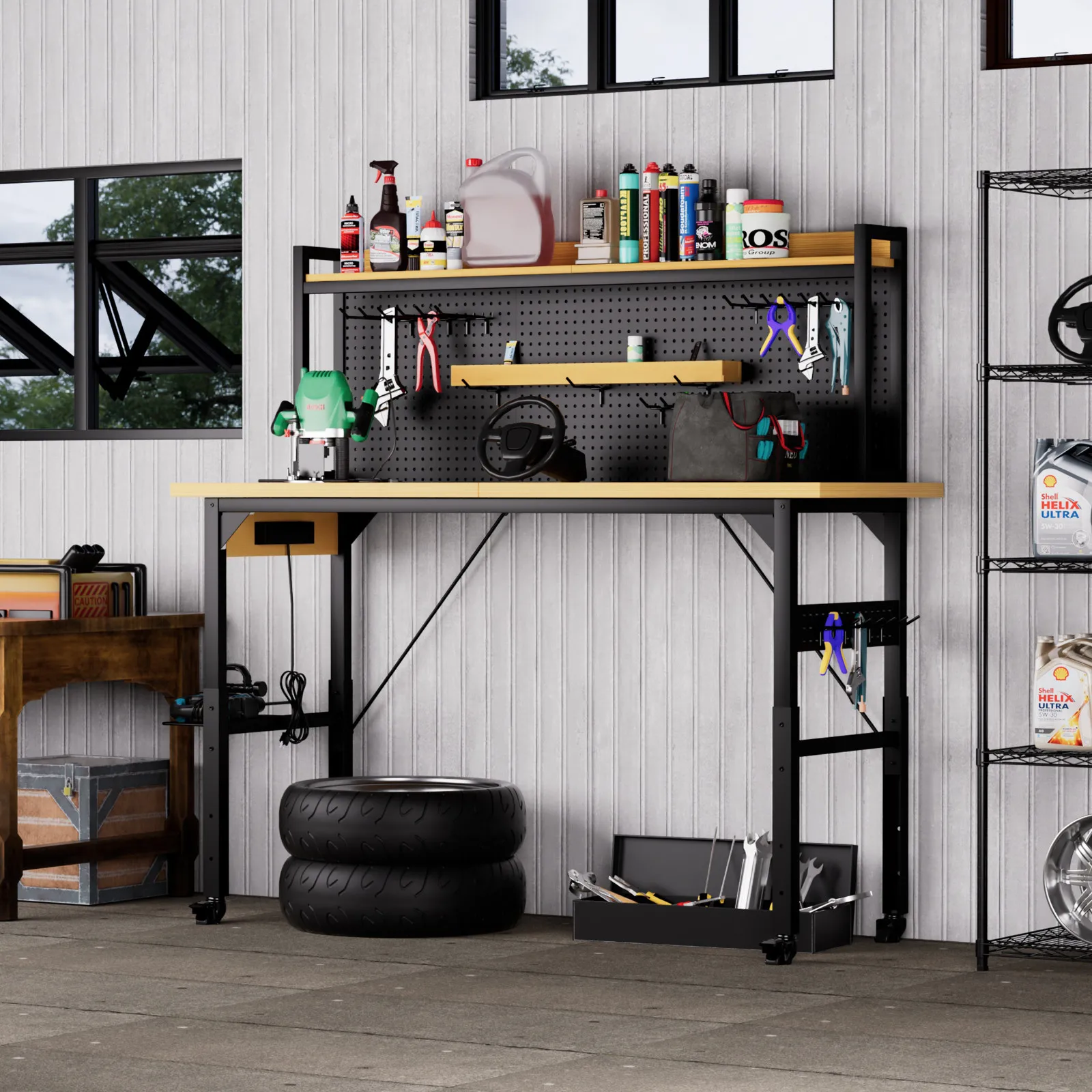 71''Adjustable Workbench with pegboard, Heavy Duty Wooden Desktop Workbench