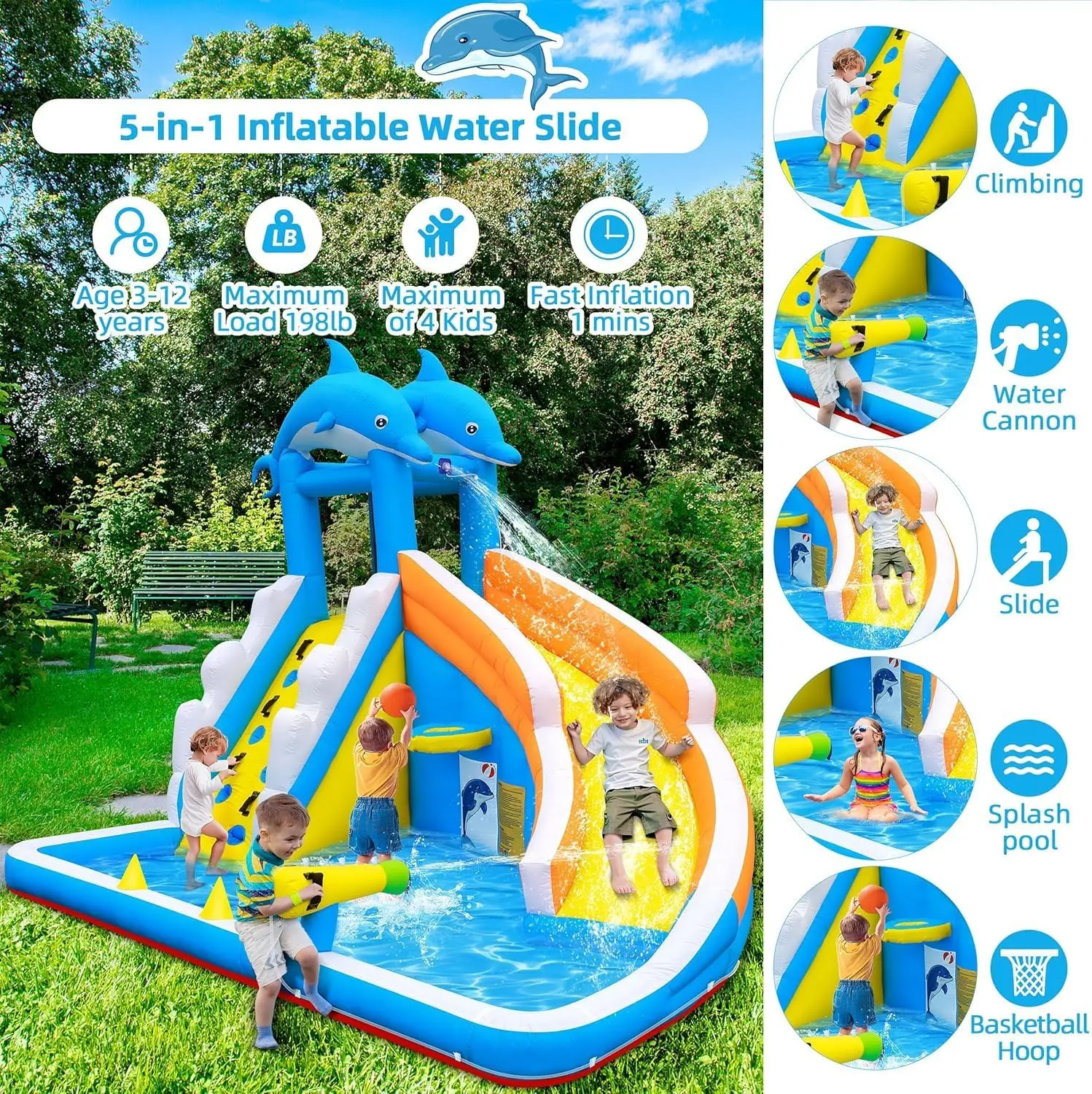 Corrediça de água inflável, casa inflável do salto do golfinho 5 em 1 para crianças-escalada parede respingo piscina canhão de água aro de basquete-