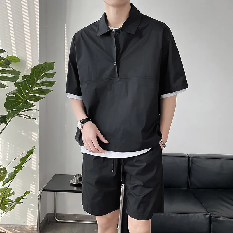 Summer Casual  Color Short Sleeve Shorts Set Men's Korean Style Loose  Shirt Two-Piece Trendy Youth Fashion