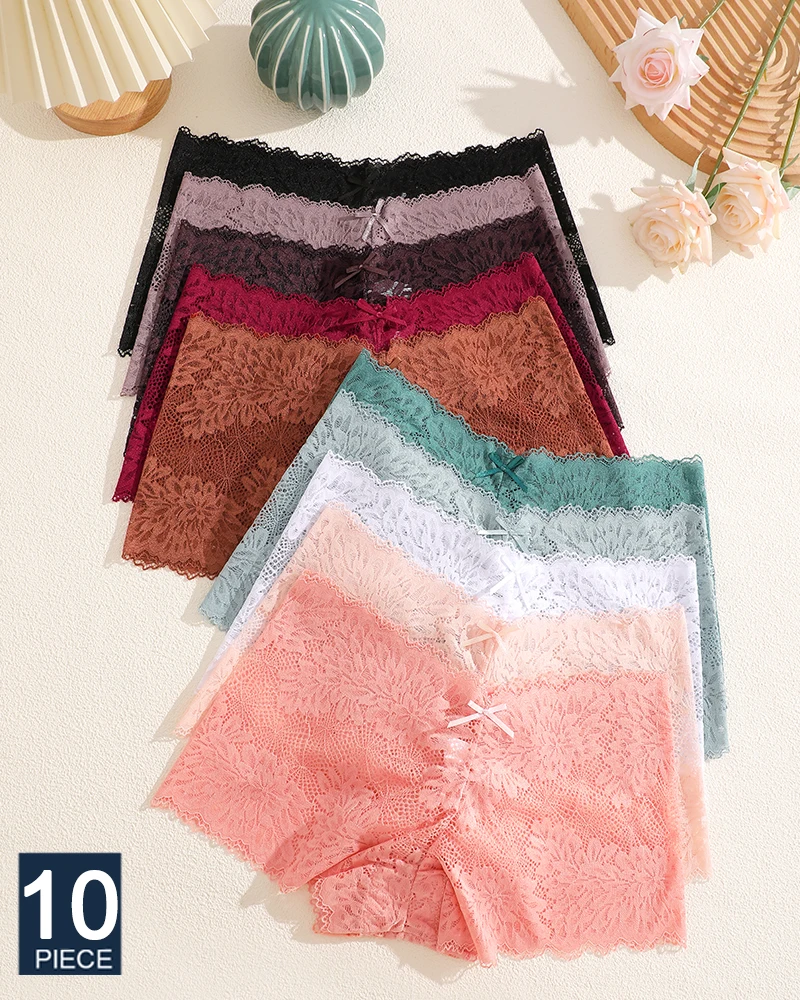 

10PCS Women Lace Boxers Panties Sexy Transparent Boyshorts Female Comfortable Underwear Ladies Solid Color Intimates Lingerie