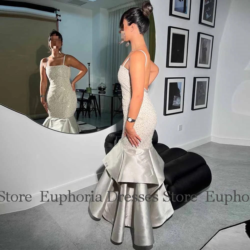 فساتين لحفلات الكوكتيل الفاخرة 2025 الساتان حورية البحر/البوق فستان المشاهير الشمبانيا ساحة الرقبة اللؤلؤ شال المتدرج Ruched فساتين لحضور الحفلات الموسيقية #4