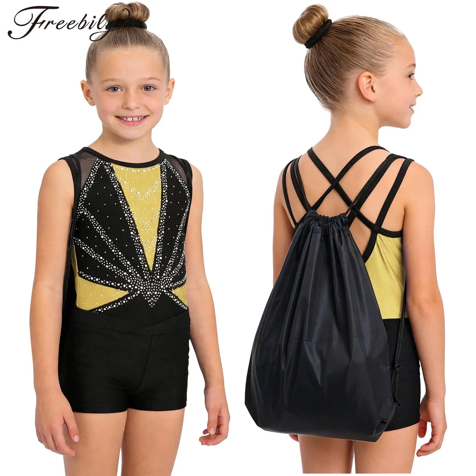 Kids Girls Ballet Dance Leotard Figure Skating Gymnastics Acrobatic Outfit Sleeveless Shiny Rhinestones Bodysuit+Shorts+Backpack