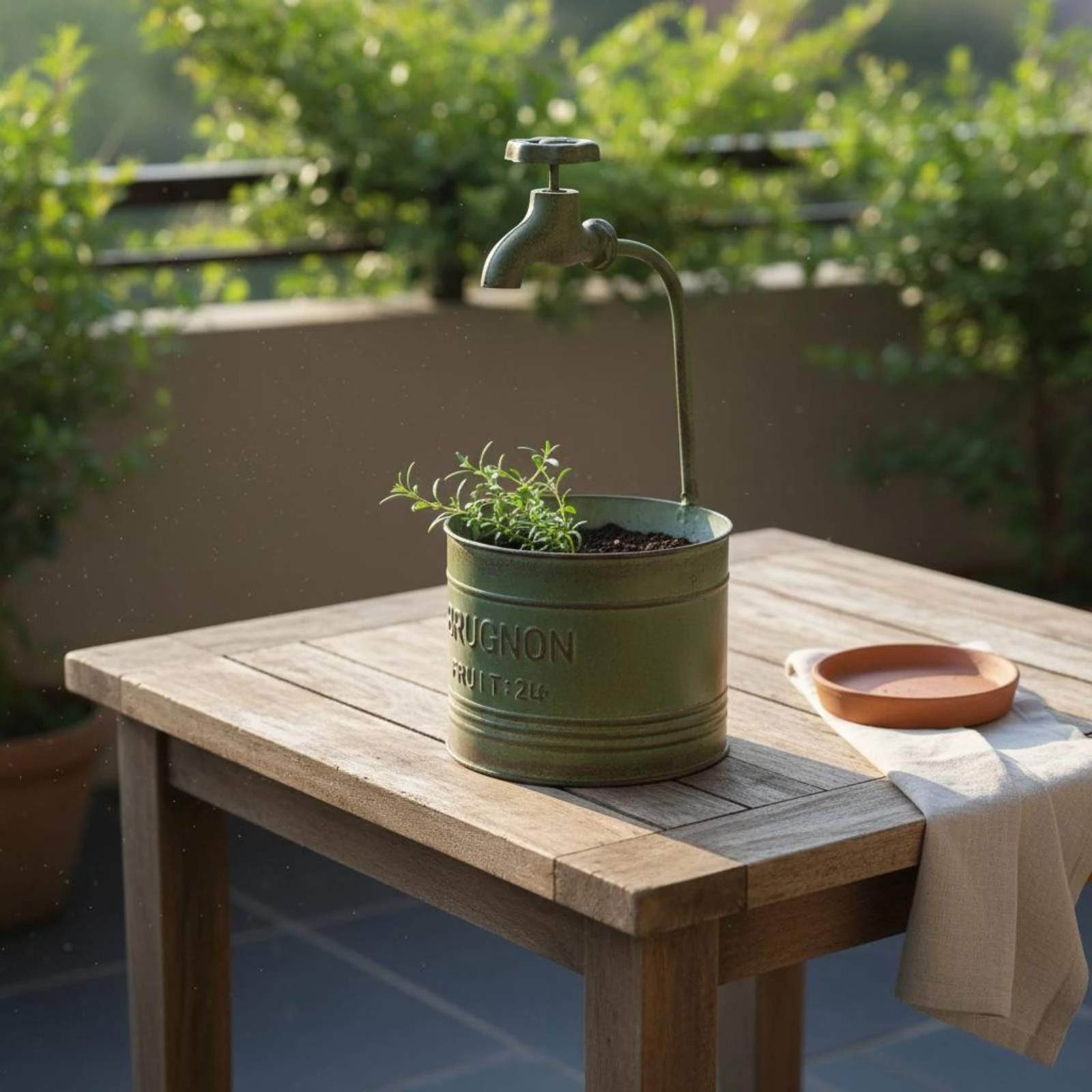 

Faucet-Top Planter Embossed Lettering Vintage Iron Planter Plant Container Weathered Garden Decor Indoor Outdoor Use