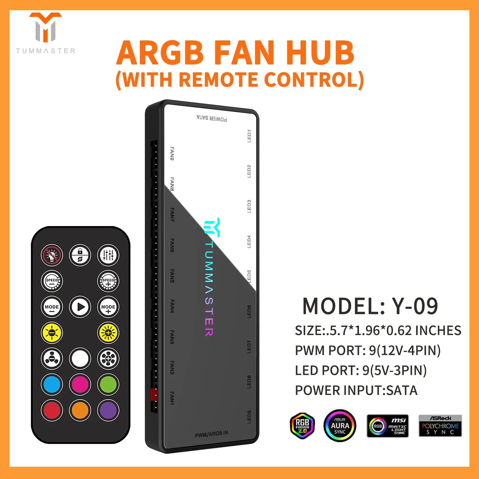 

ARGB PWN Fan HUB, 9-Port 4 Pin PC Fan Controller, 5V-3Pin ARGB Fan Hub, Magnetic Suction, SATA Power Input,RF Remote ,LED Light