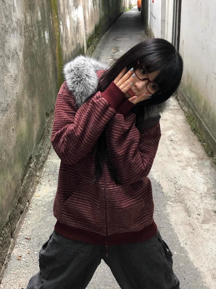 Amerykańska moda retro, płaszcz w paski z kapturem, damski, casualowy, kardigan w stylu Y2k, kurtki, estetyka Harajuku z lat 2000, vintage bluzy