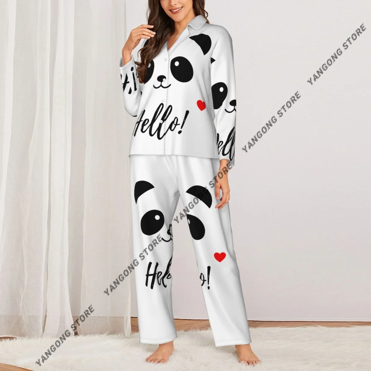 Women Sleepwear Pajamas Happy Cute Smile Panda Face Long Sleeve Pijama Female Set Negligee Cardigan Suit