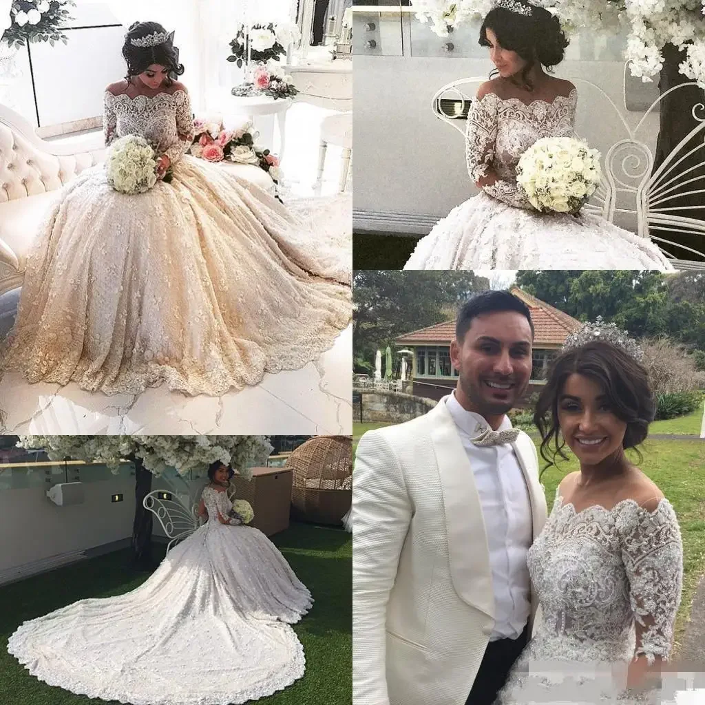 Nuevos vestidos de novia de princesa personalizados, vestidos de novia de encaje de lujo con cuentas de cristales y hombros descubiertos de manga larga