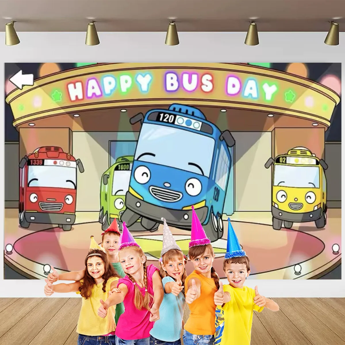 Umi Bus The Tayoes Little Bus Theme Kid Birthday Party Boys Newborn Kid 1 year old Background Toy Bus Station Banner Photo Props