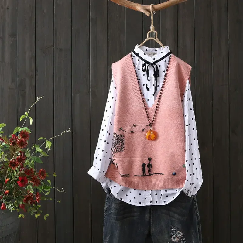 Fashion Embroidery V-neck Knitted Sweater Vest Female Literary Fan Loose Sleeveless Cartoon Pattern Sweater Vest Women Spring